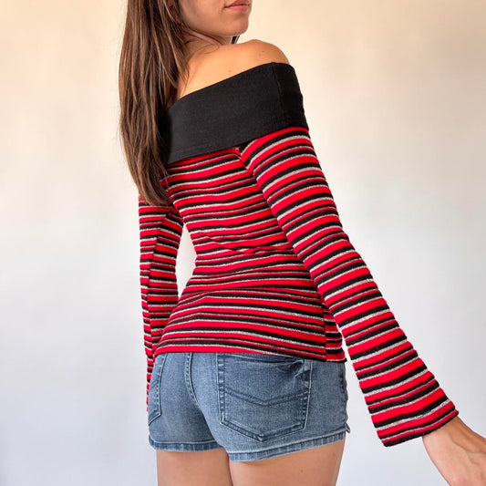 Red & Black Striped Off Shoulder Knit (XS/S)