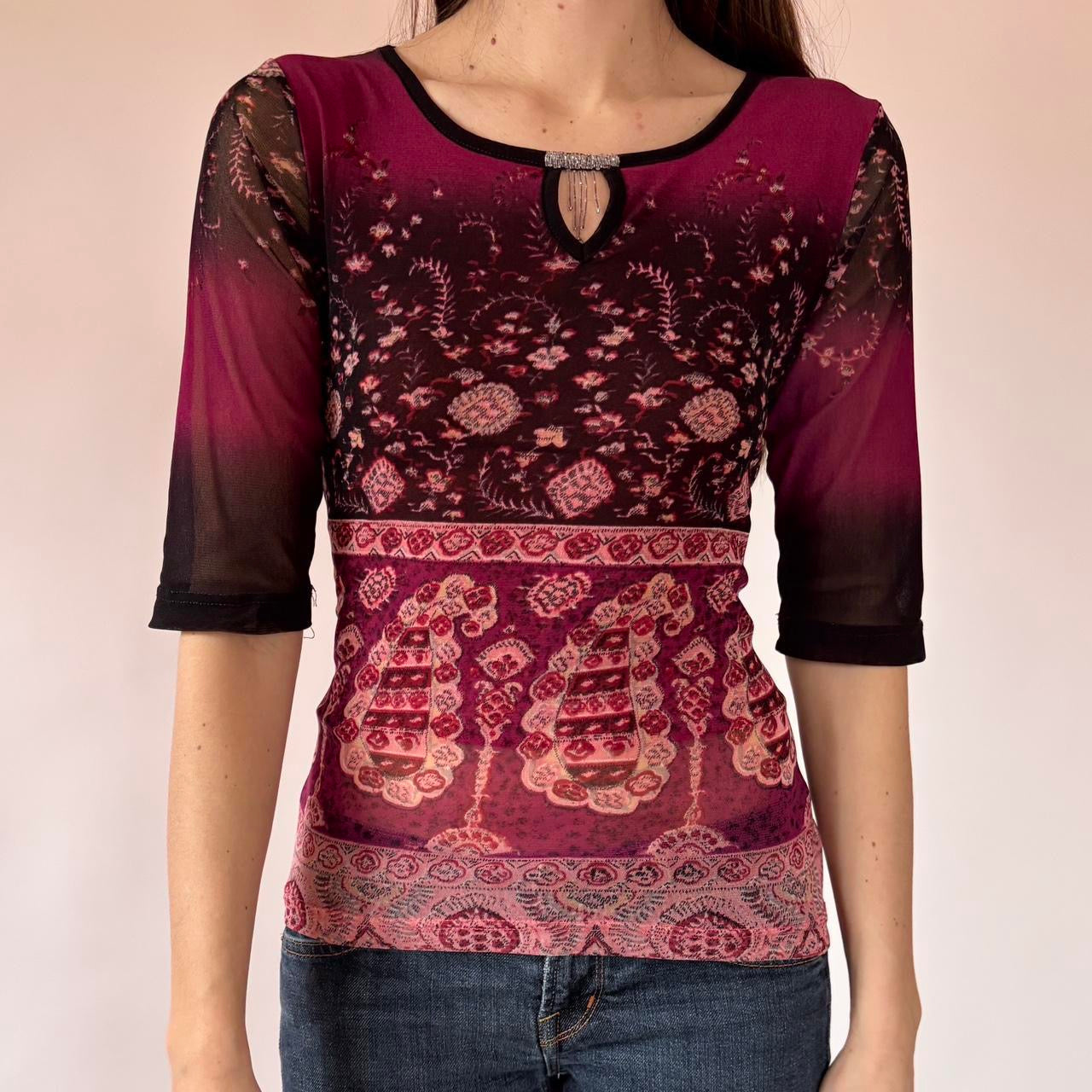 Y2K Beaded Neckline Mesh Top (M/L)