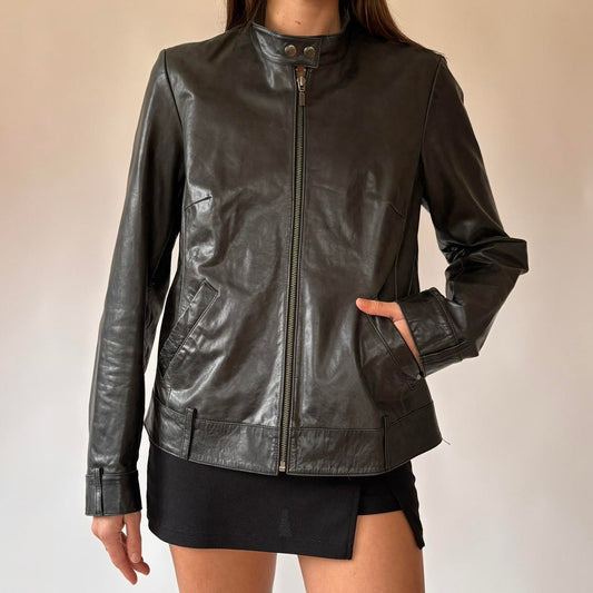 2000s Black Leather Moto Jacket (M)