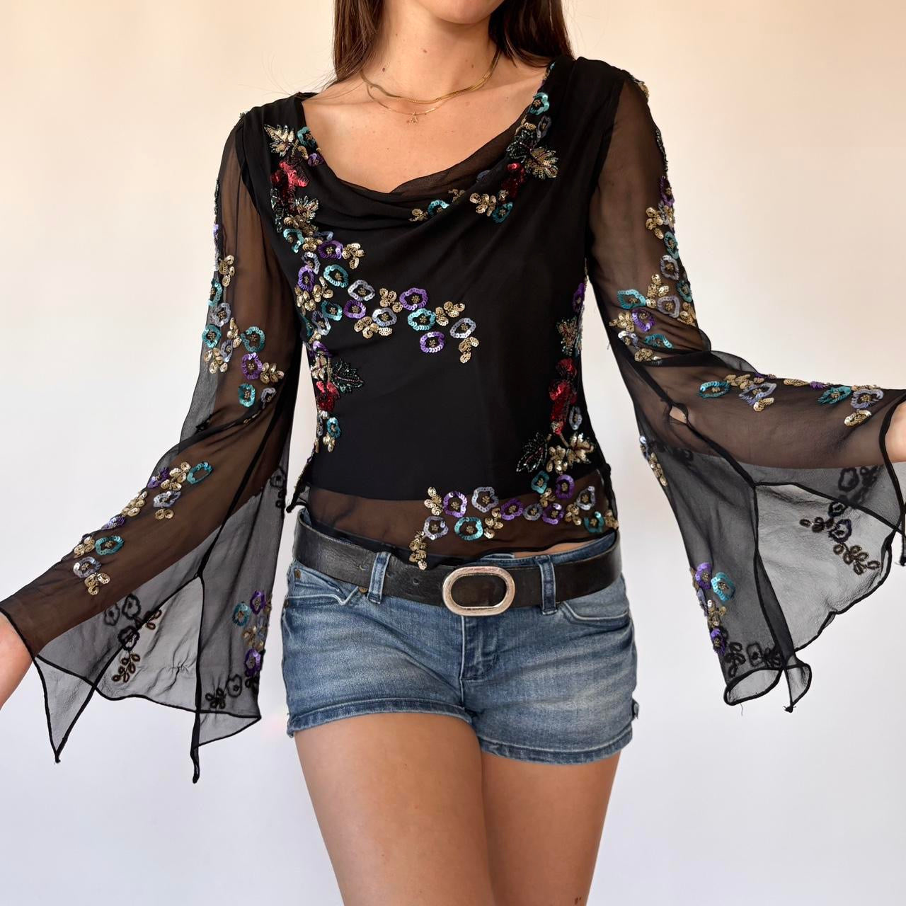 Y2K Pure Silk Sequin Top (S)