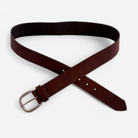 Floral Embossed Brown Leather Belt