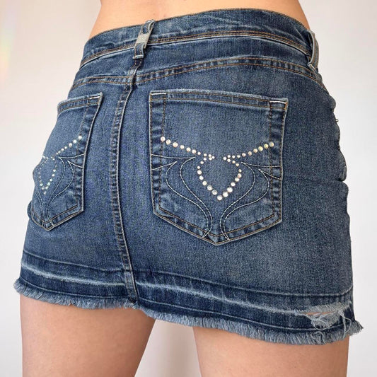 Y2K Rhinestone Pocket Denim Mini Skirt (XS)