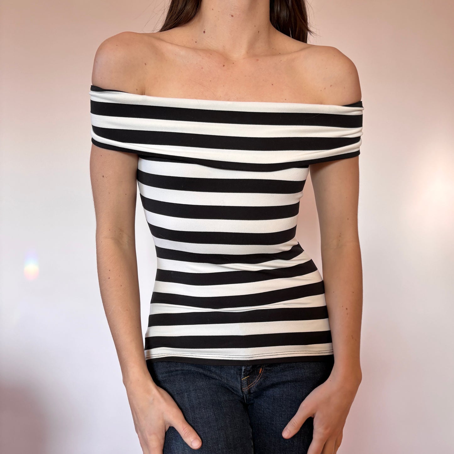 Bebe Y2K Striped Off Shoulder Top (XXS)