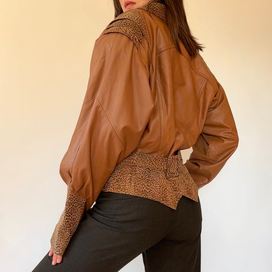 80s Cognac & Leopard Leather Jacket (M)