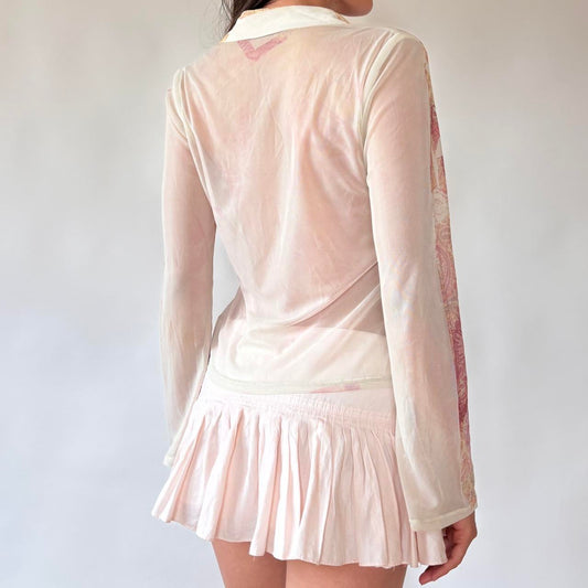 Y2K Mesh Rose Print Blouse (XS/S)