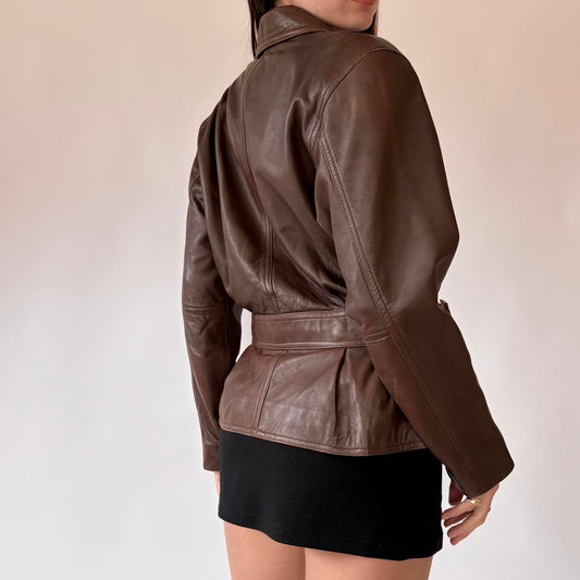 90s Brown Belted Leather Jacket (S/M)