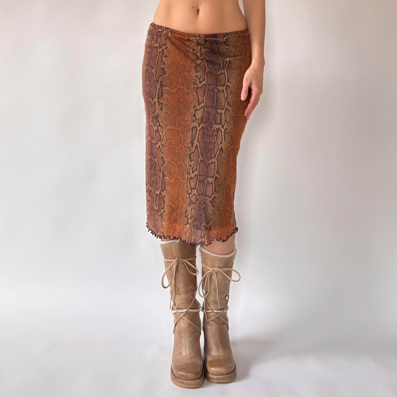 French Y2K Snakeskin Print Midi Skirt (S)