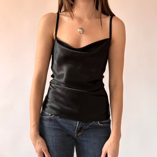 90s Noir Satin Cowl Neck Cami Top (M)
