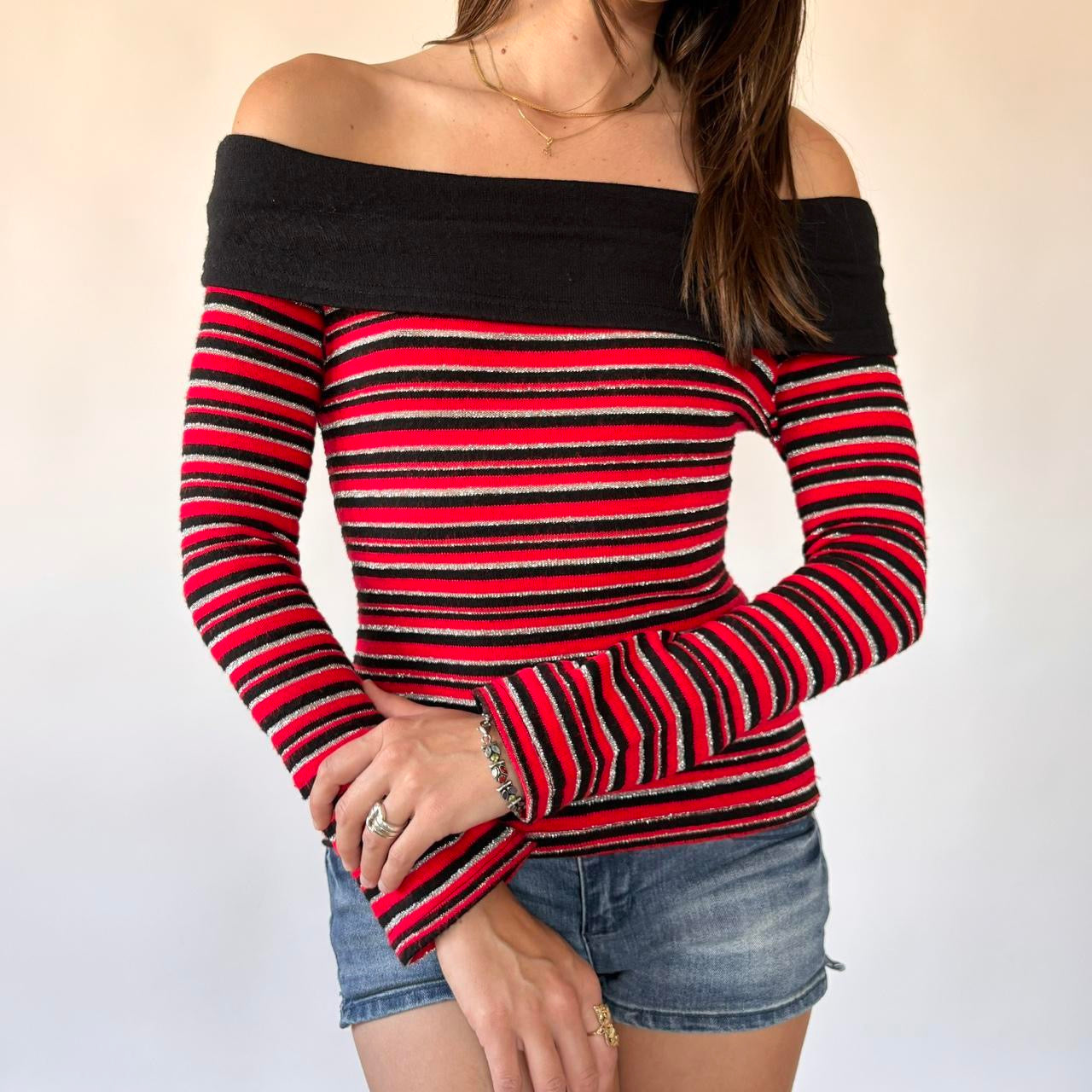 Red & Black Striped Off Shoulder Knit (XS/S)