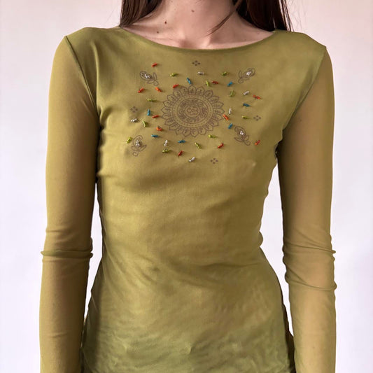 Y2K Beaded Mesh Longsleeve Top (S/M)