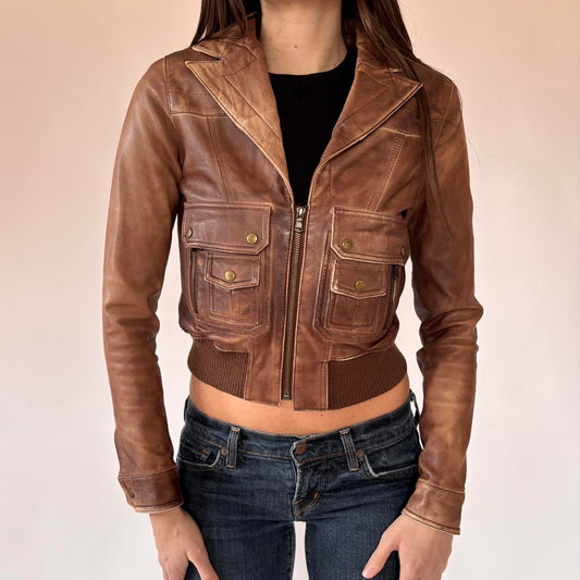 Y2K Genuine Leather Jacket (XS)