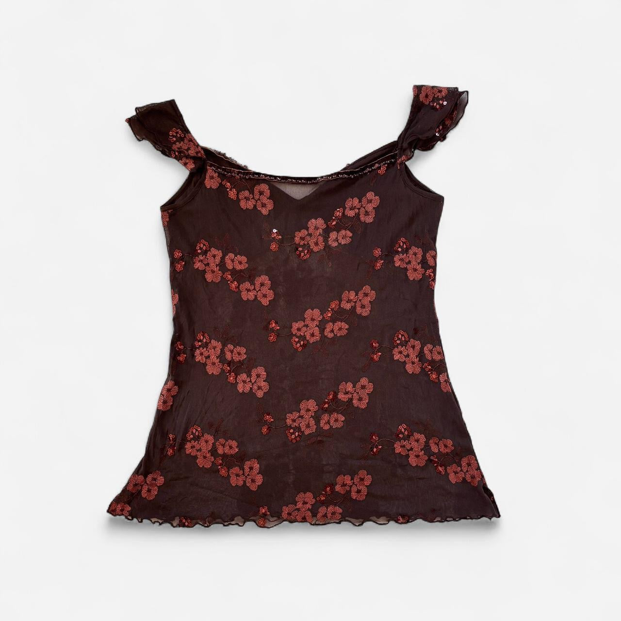 Y2K Embroidered Mesh Sequin Top (XL)