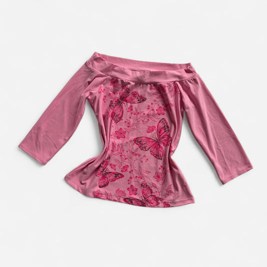 Y2K Pink Butterfly Off Shoulder Top (S)