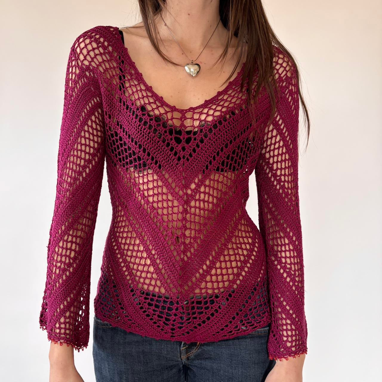 2000s Magenta Silk Crochet Top (M)