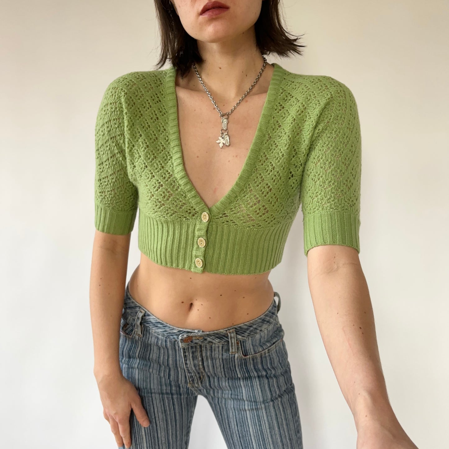 Y2K Pistachio Knit Crop (S)
