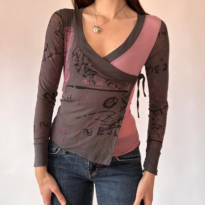 2000s French Graphic Mesh Top (XS/S)