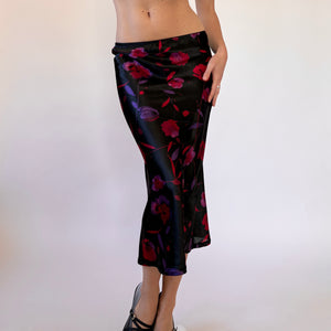 90s Floral Satin Midi Skirt (XS/S)