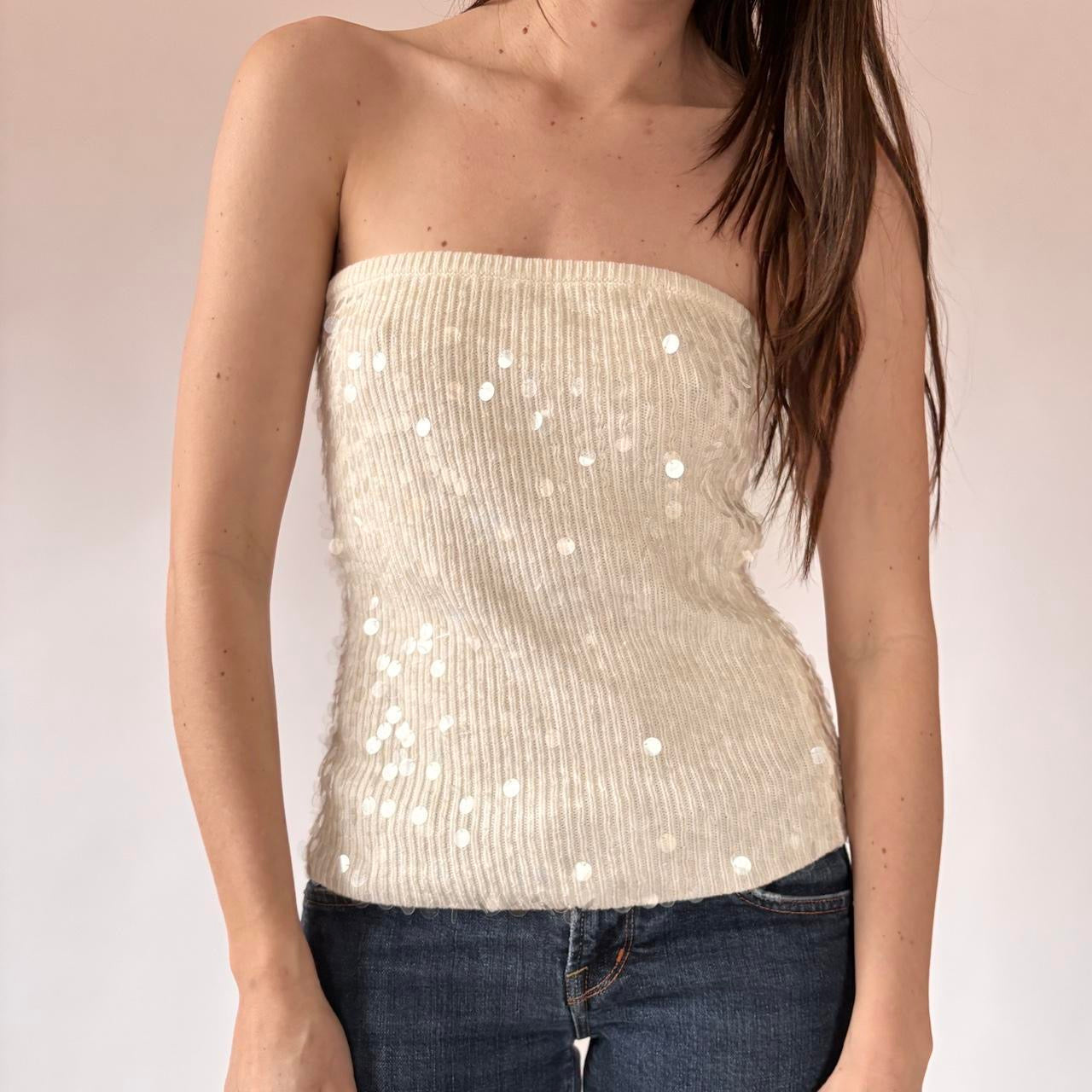 Y2K Cream Sequin Tube Top (L)