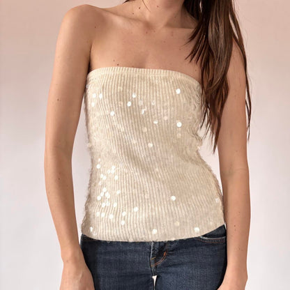 Y2K Cream Sequin Tube Top (L)
