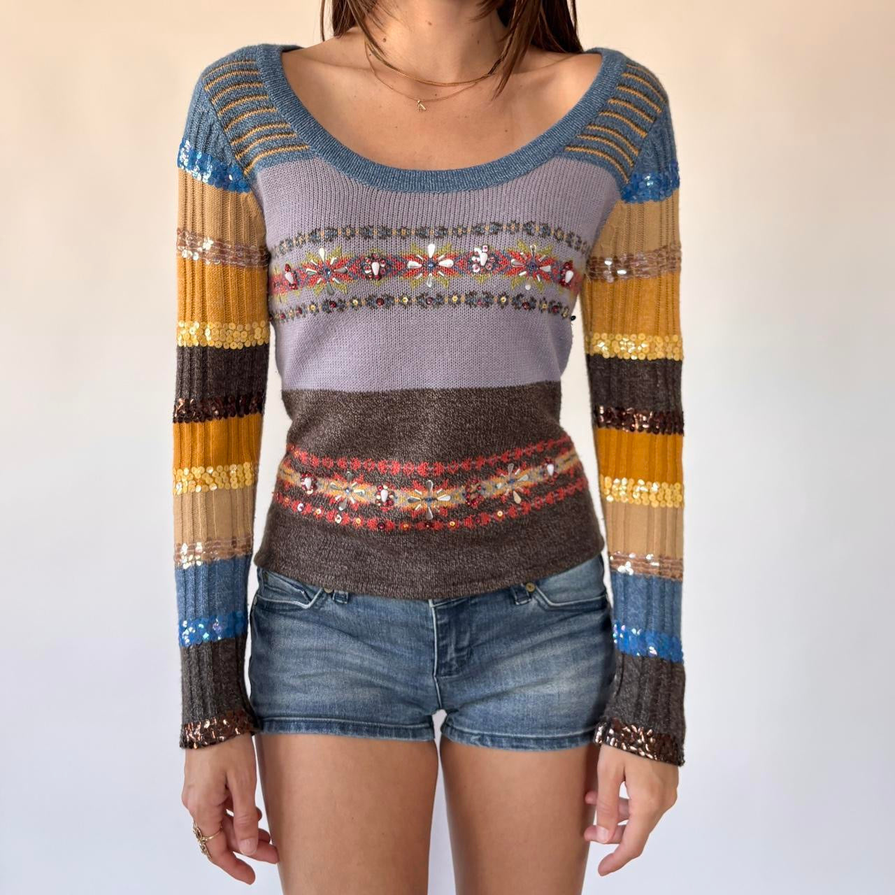 Y2K Sequined Stripy Sweater (S/M)