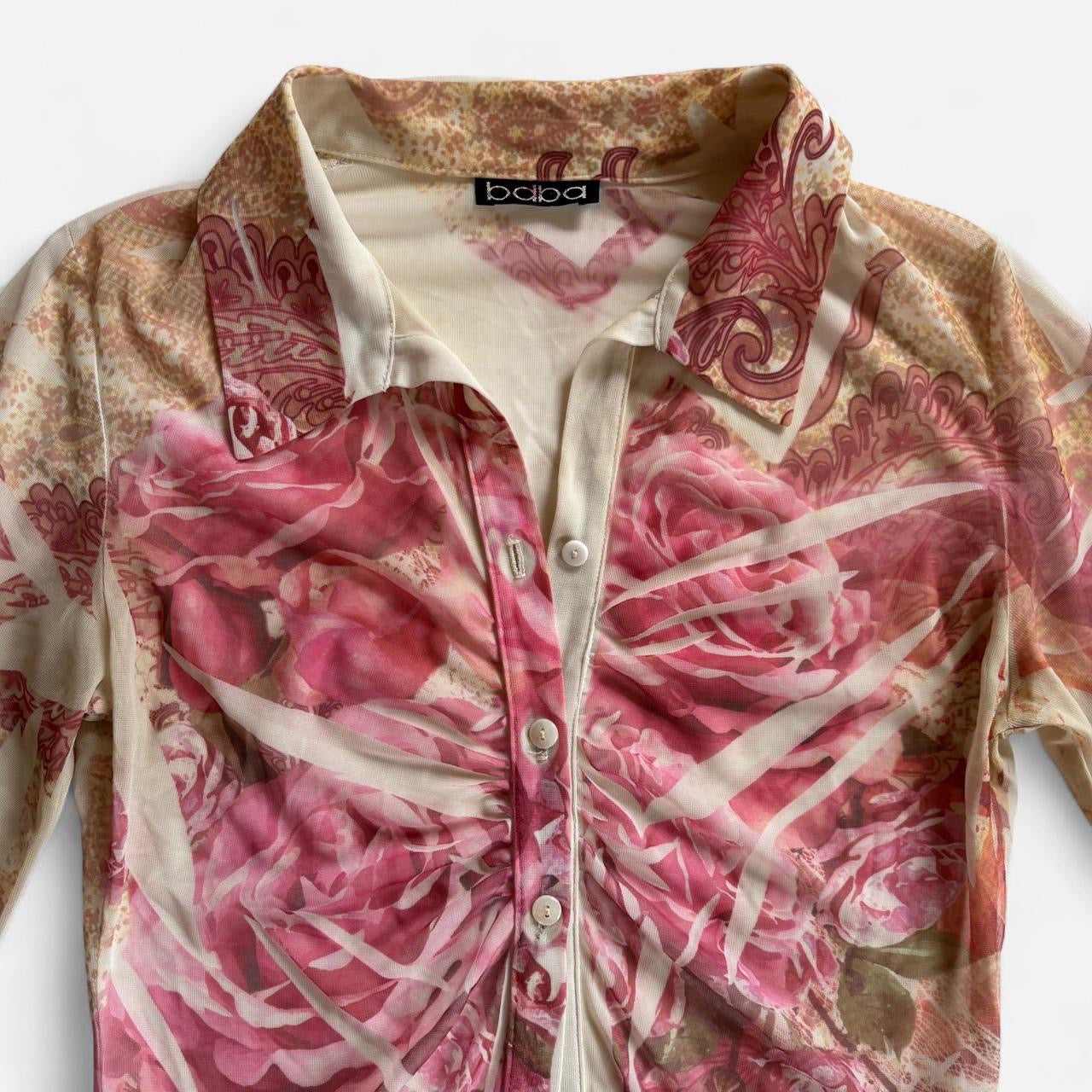 Y2K Mesh Rose Print Blouse (XS/S)