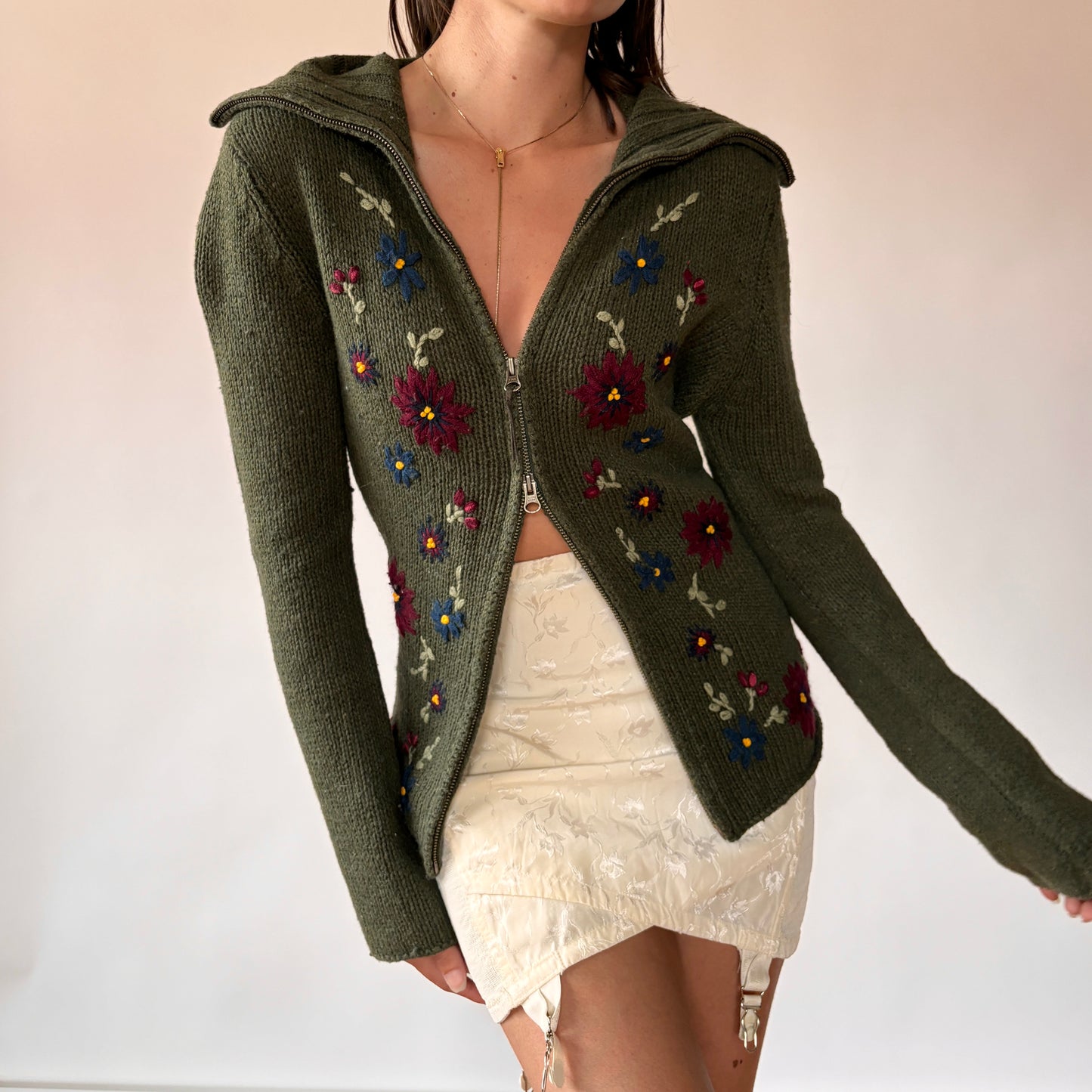 90s Floral Double Zip Sweater (M)