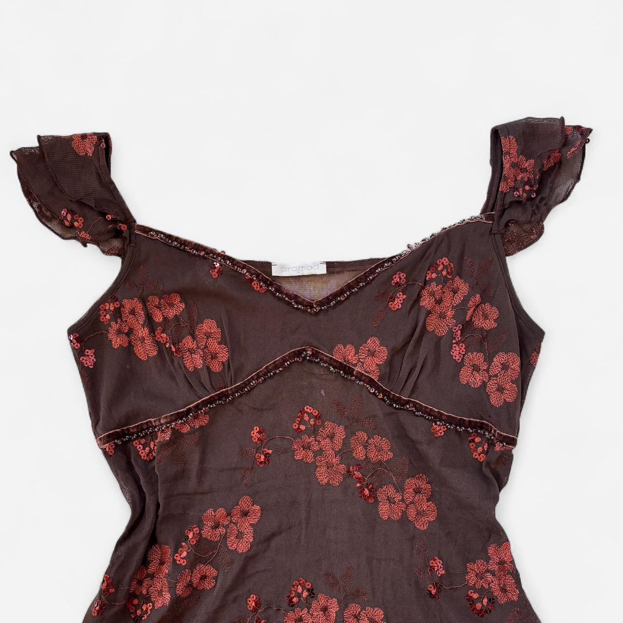 Y2K Embroidered Mesh Sequin Top (XL)