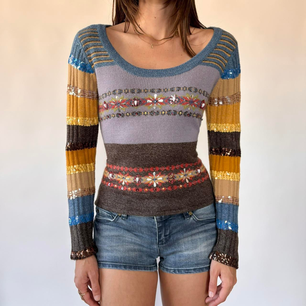 Y2K Sequined Stripy Sweater (S/M)