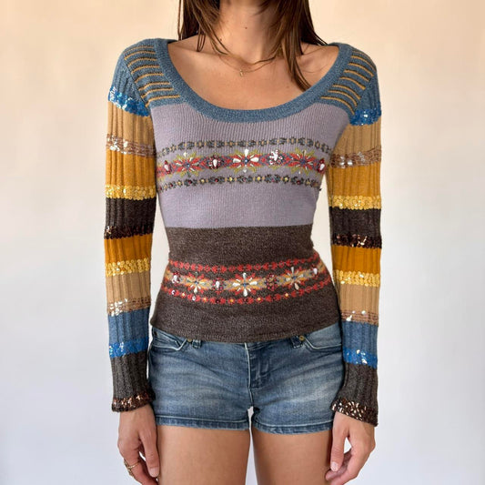 Y2K Sequined Stripy Sweater (S/M)