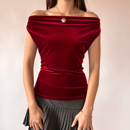 90s Red Velvet Cowl Neck Top (M)