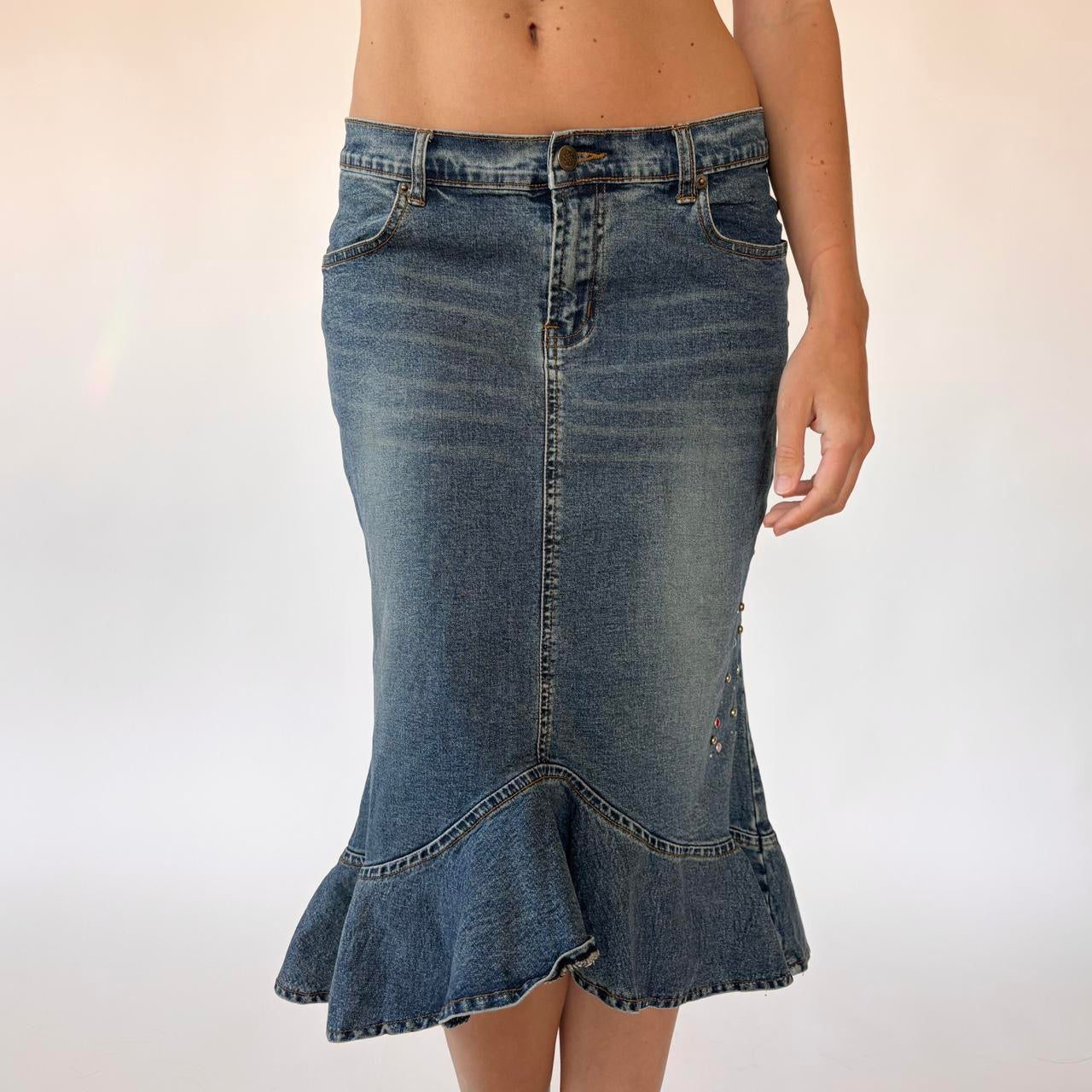 Y2K Studded Denim Midi Skirt (S)