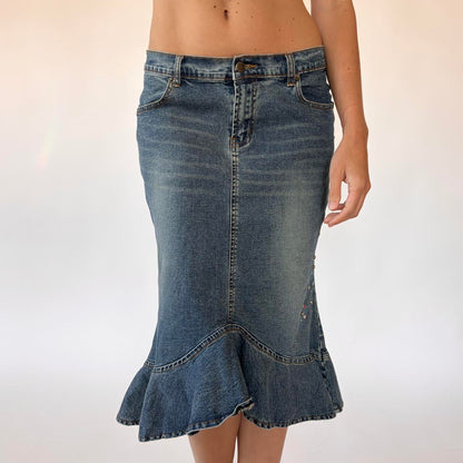 Y2K Studded Denim Midi Skirt (S)