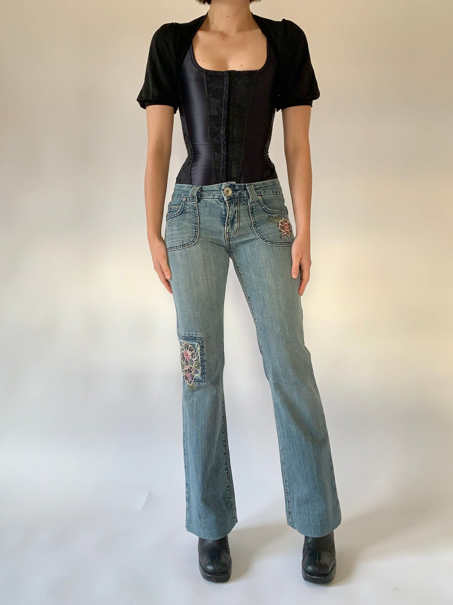 Y2K Floral Embroidered Jeans - Small