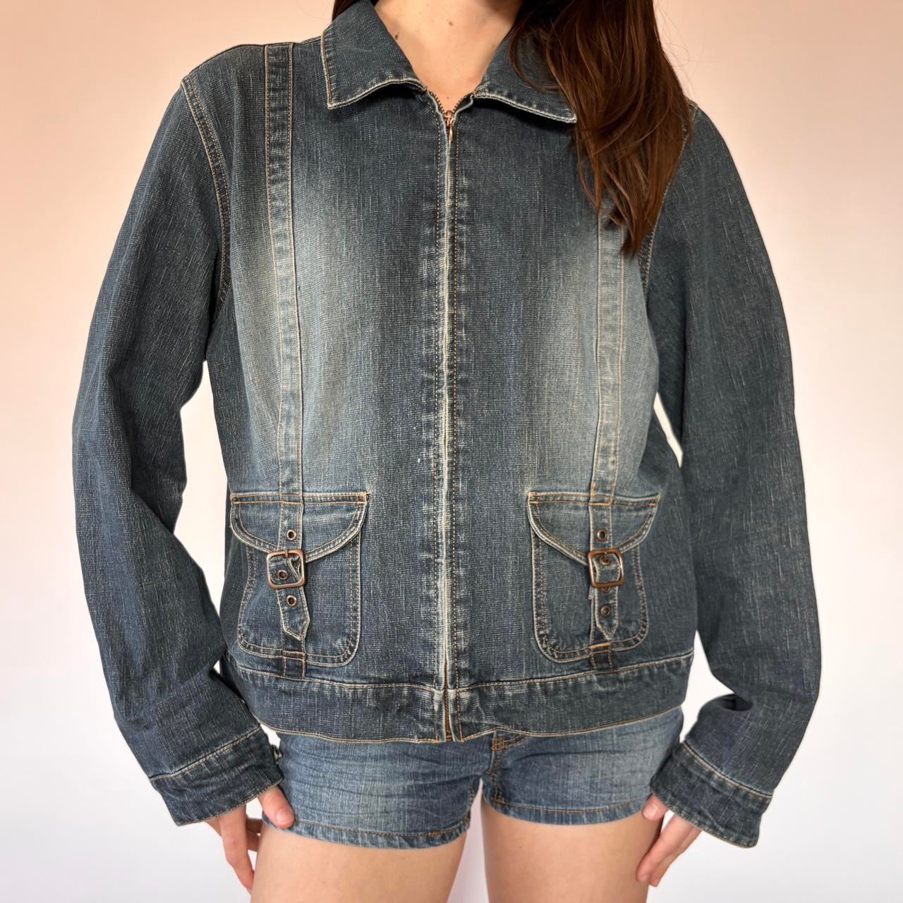 Y2K Denim Buckle Jacket (L)