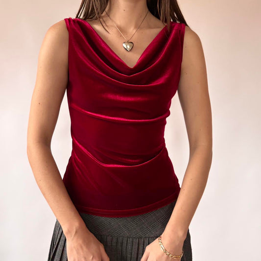 90s Red Velvet Cowl Neck Top (M)