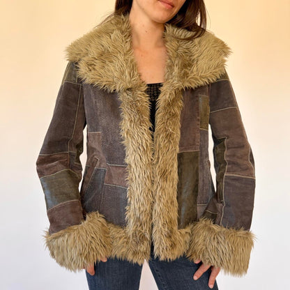 Y2K Patchwork Leather & Faux Fur Jacket (M)
