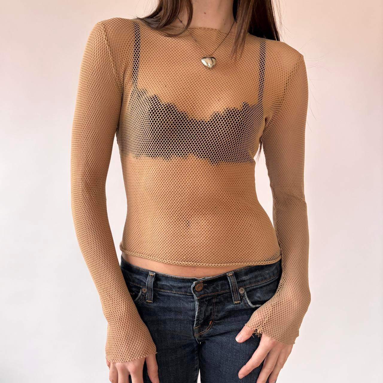 Y2K Nude Mesh Net Longsleeve Top (XS/S)