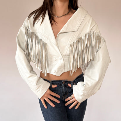 80s White Leather Fringe Jacket (M)