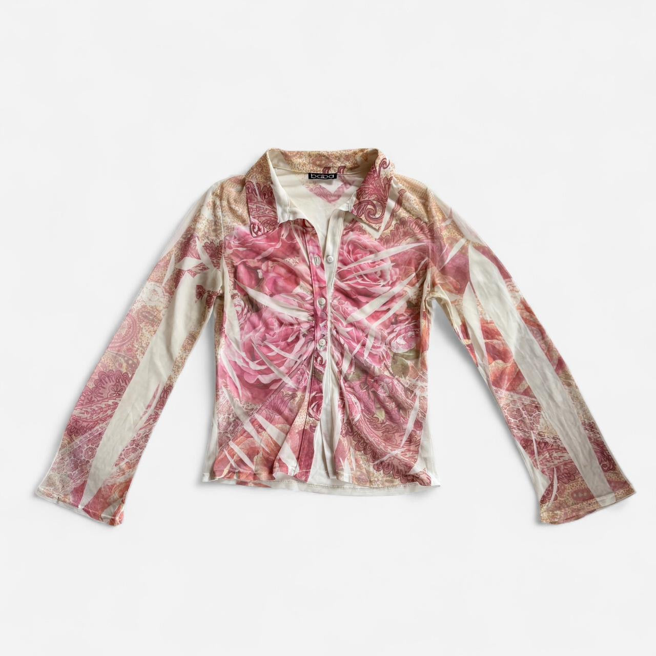 Y2K Mesh Rose Print Blouse (XS/S)
