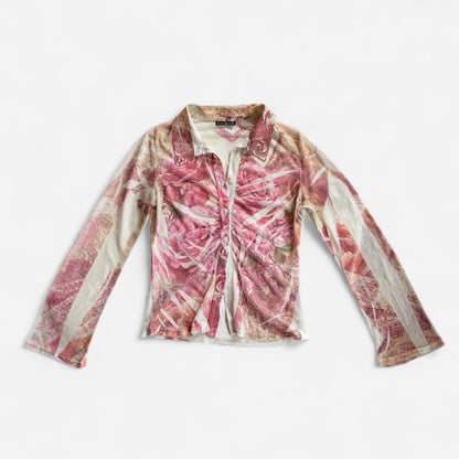 Y2K Mesh Rose Print Blouse (XS/S)