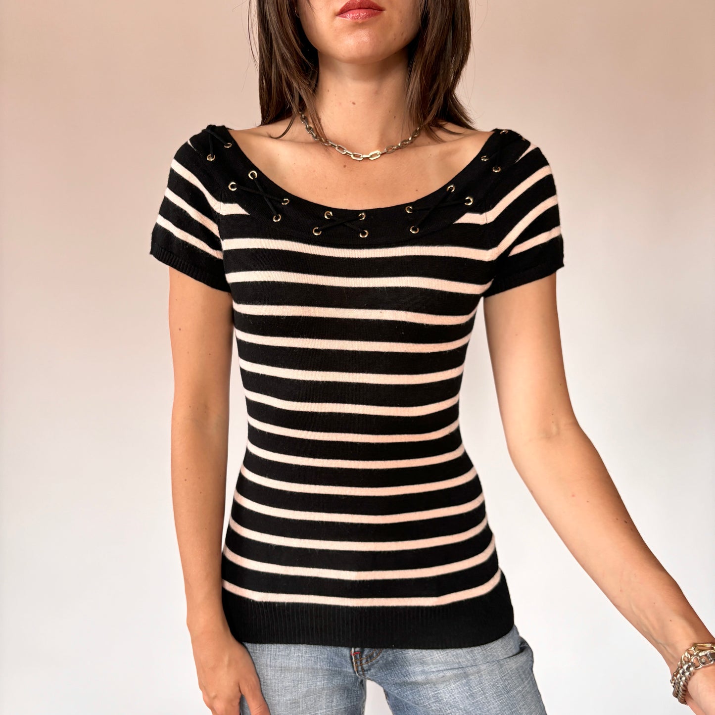 Y2K Striped Grommet Top (S)