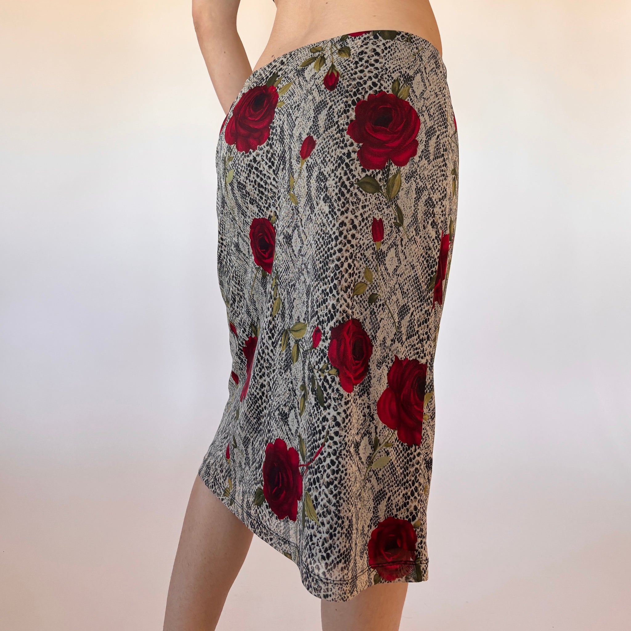 90s Snakeskin & Rose Mesh Midi Skirt (M)