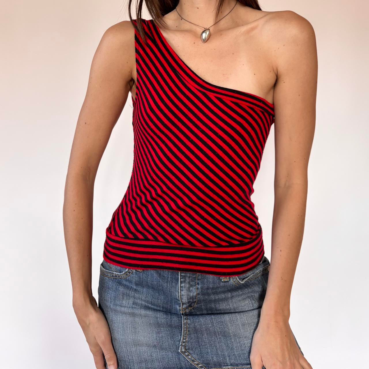 90s Forever 21 Stripy One Shoulder Top (S/M)