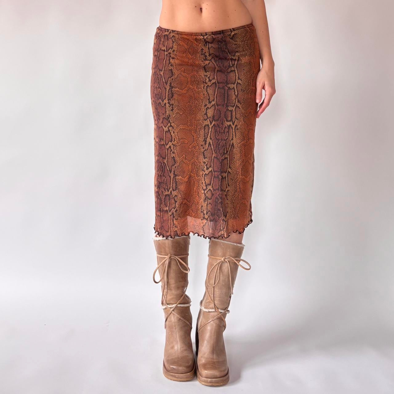 French Y2K Snakeskin Print Midi Skirt (S)