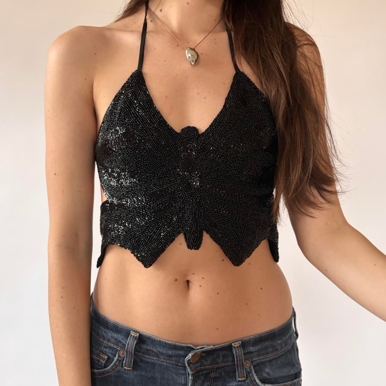 Y2K Noir Beaded Butterfly Top (S)
