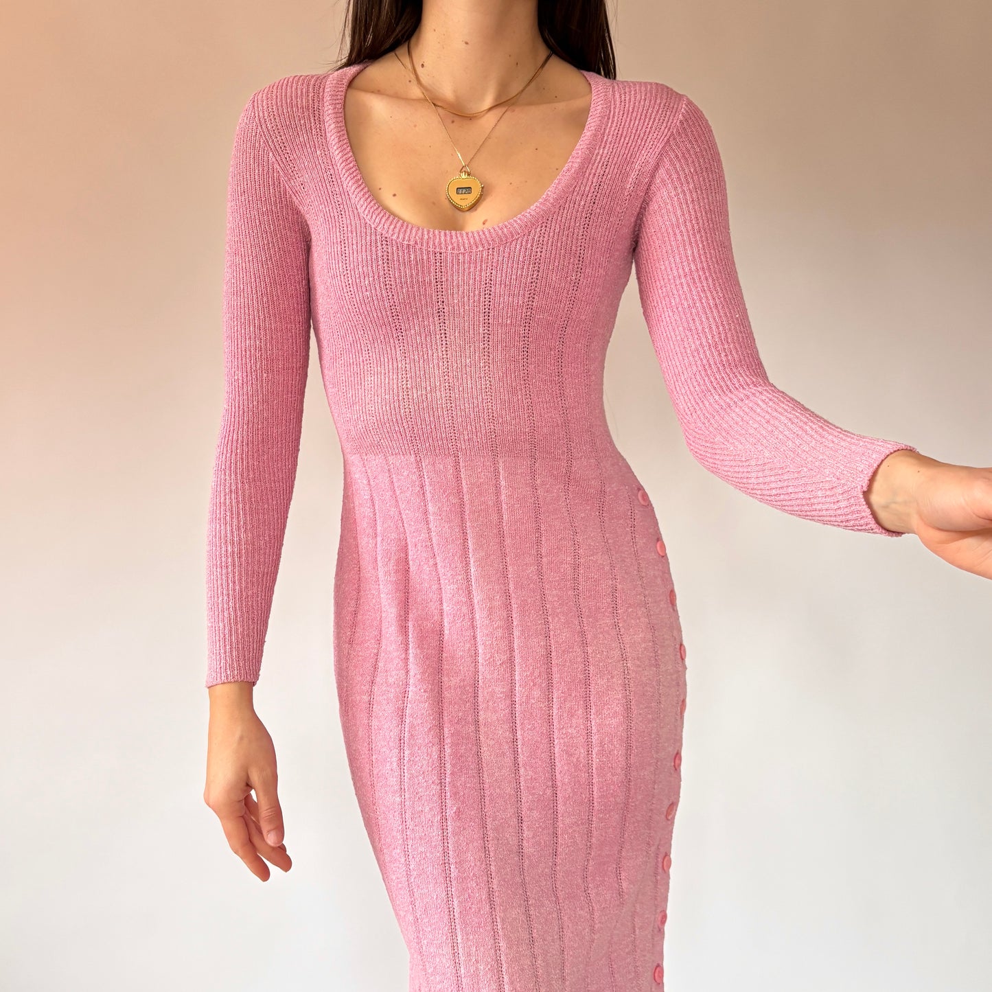 70s Baby Pink Knit Dress (XS)