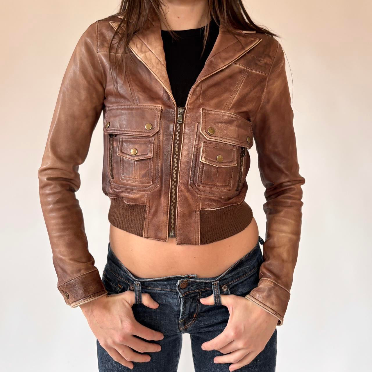 Y2K Genuine Leather Jacket (XS)