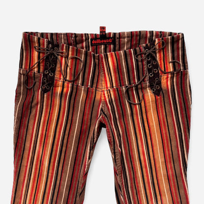 Y2K Stripy Corduroy Lace Up Flares (M/L)