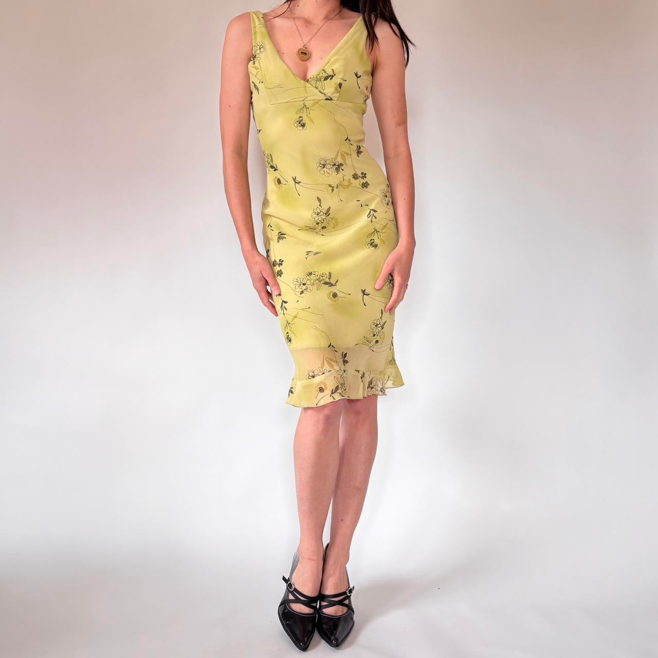 Y2K Floral Chartreuse Midi Dress (XS/S)