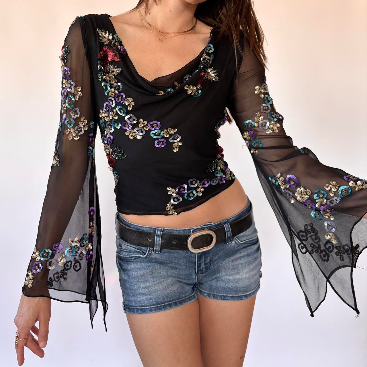 Y2K Pure Silk Sequin Top (S)